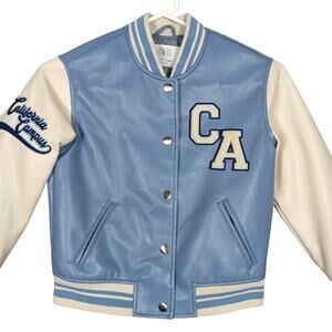 Zara Faux Leather Varsity Bomber Jacket Kids Size 7 Light Blue and White